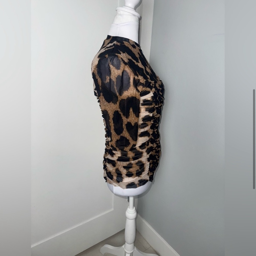 Ganni Ruched Leopard Print Stretch Mesh in Brown/Black/Medium - Picture 5 of 10